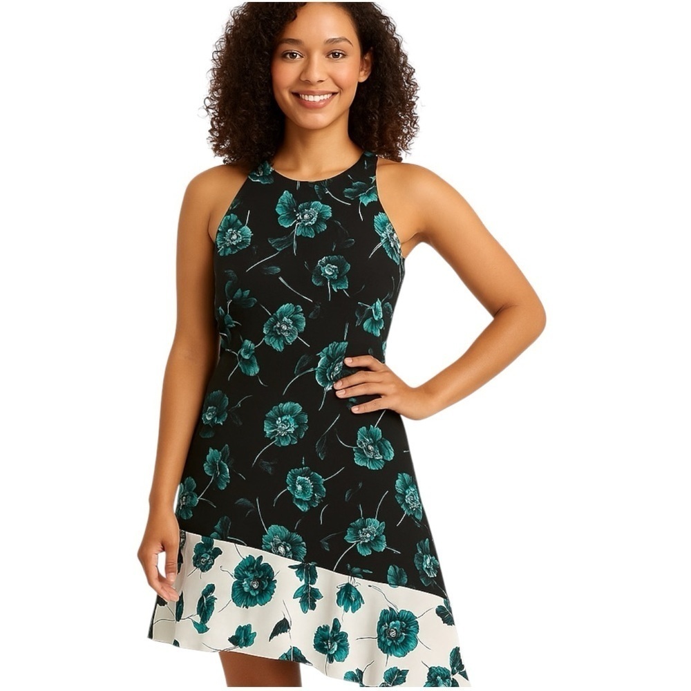 Alfani Black Floral Print Sleeveless Shift Dress with Ruffle Hem – Size 10
